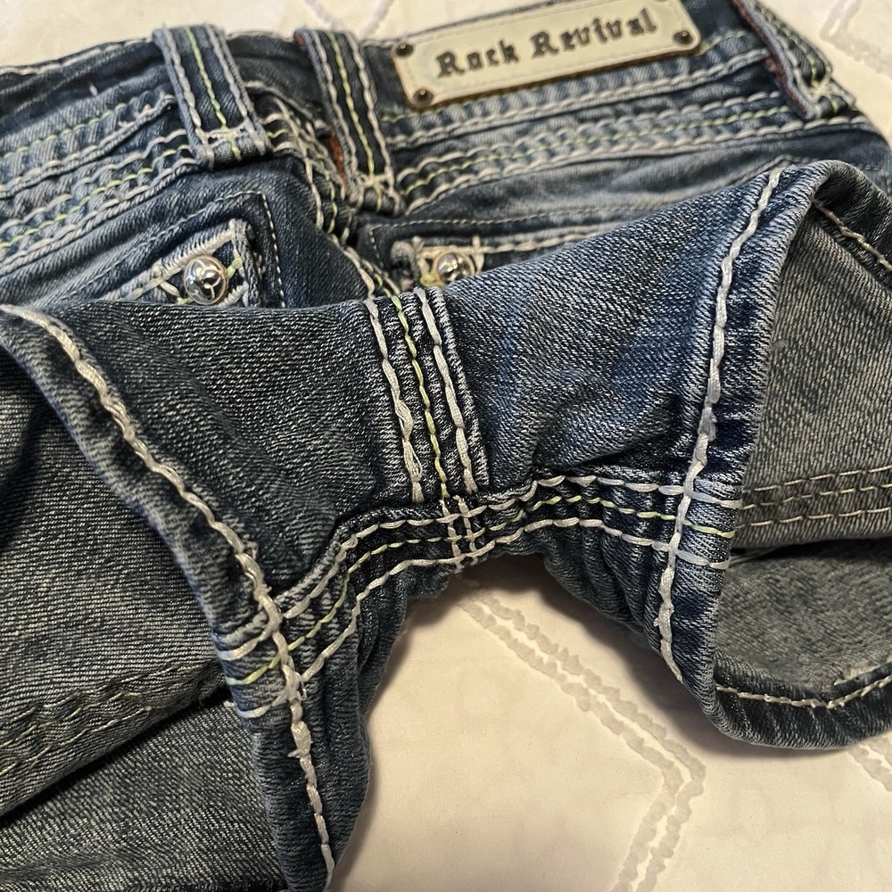 Y2K Rock Revival Micro Mini Denim Shorts Sz 24 Scarlett Embellished Thick Stitch - Picture 8 of 13